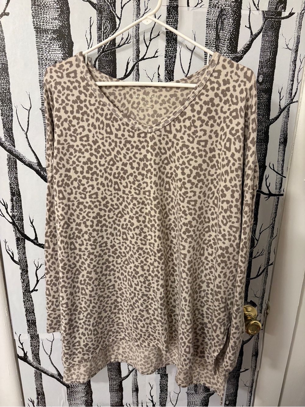 American Eagle Outfitters Taupe Leopard V-Neck Long Sleeve Top